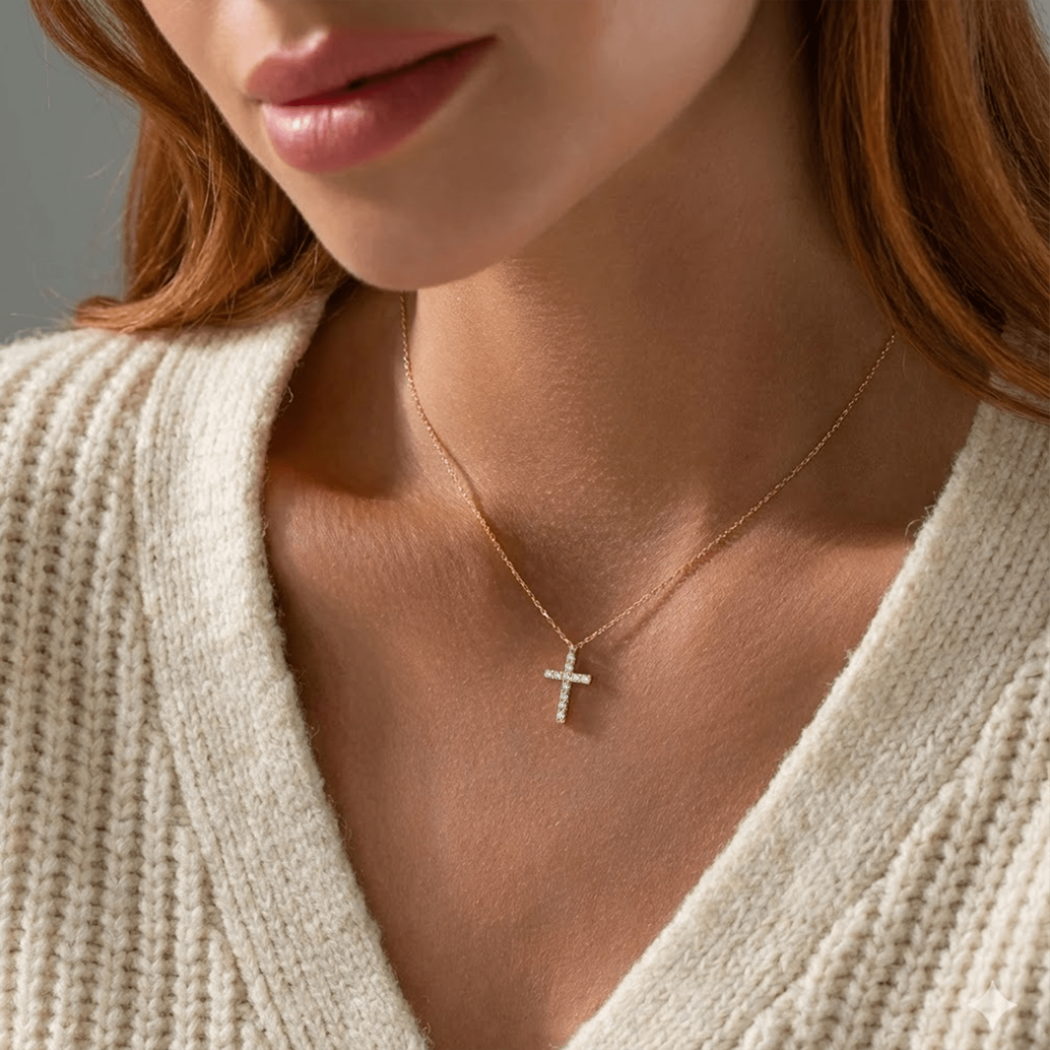 Close-up of a person wearing a gold necklace with a cross pendant.