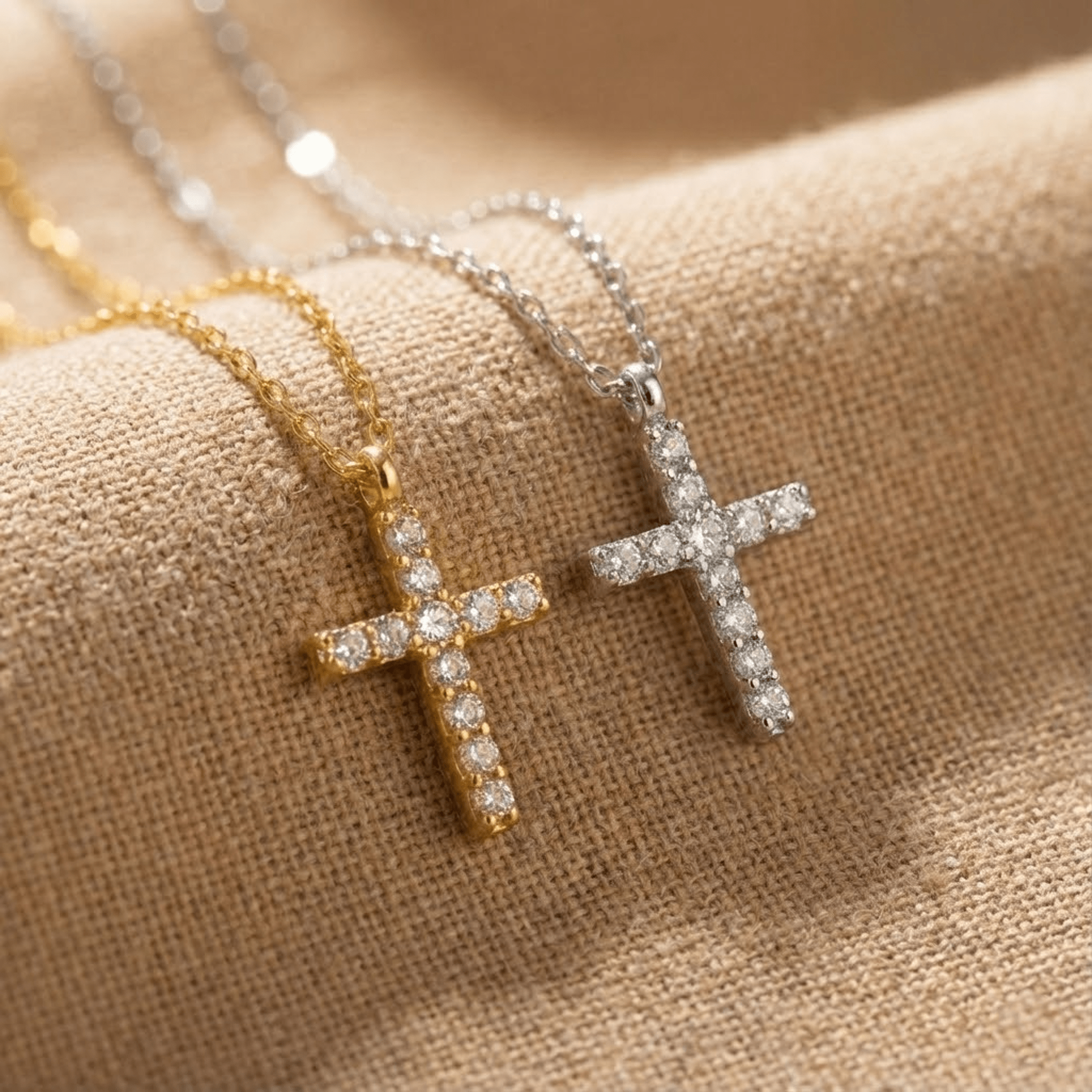 Two cross-shaped necklaces, one gold and one silver, on a beige fabric background.